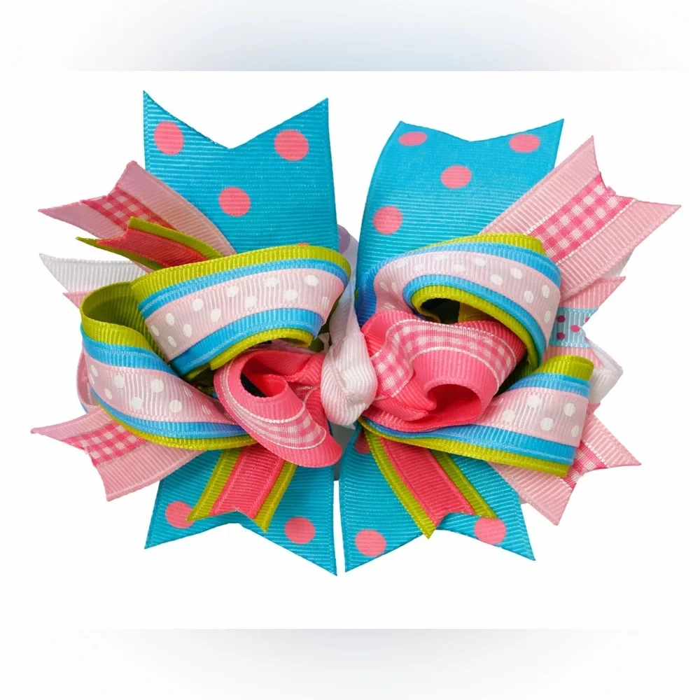 Unique One of a Kind Handcrafted Girls Hair Bow Pink‎ Blue Gingham Dots French